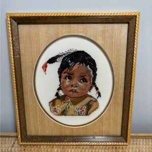 Vintage Petit Point Embroidery Stitch of Native American Child in frame